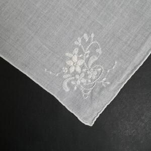 Handkerchief Floral Raised Embroidery Corner White on White Hankie Timeless Vtg